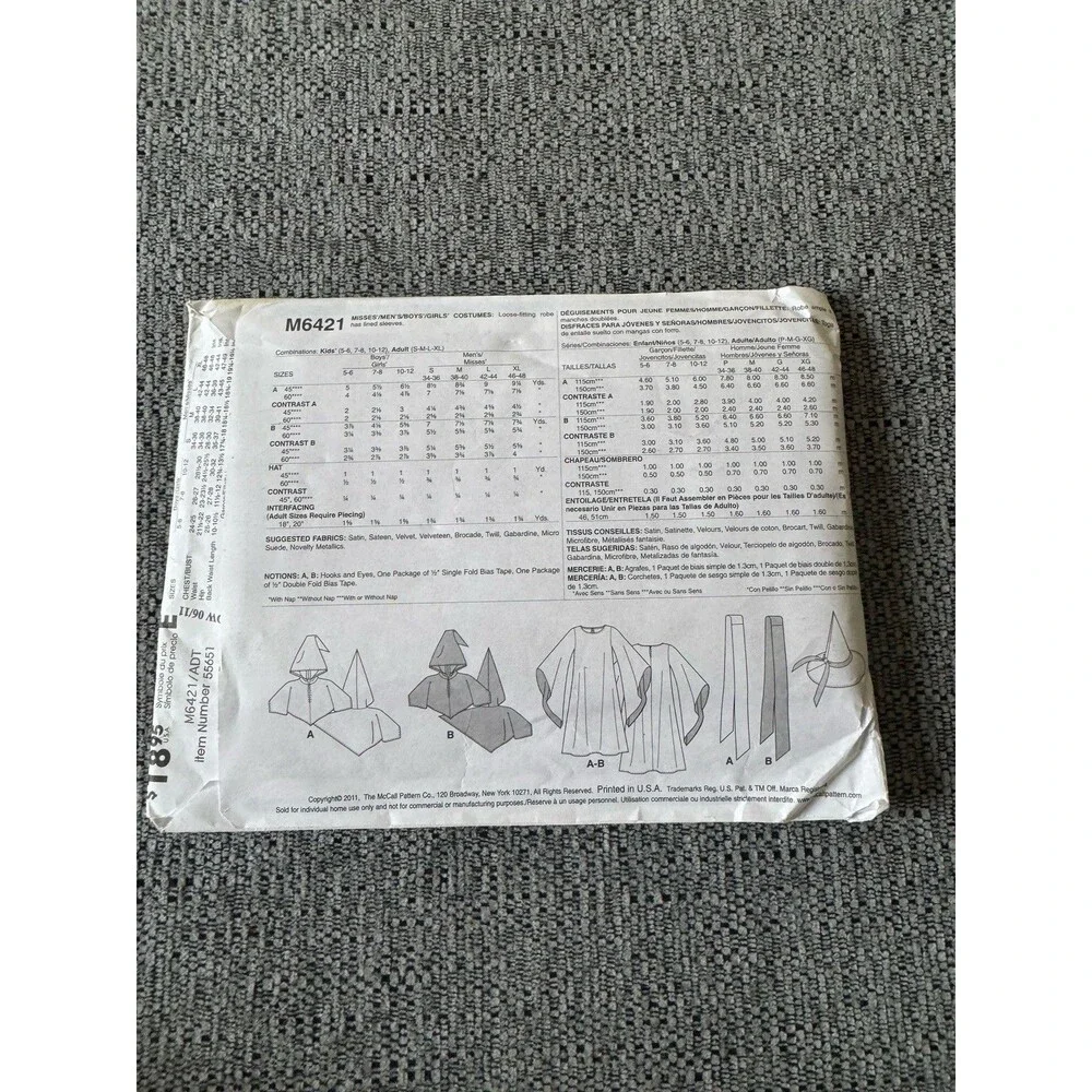 McCalls Costume Sewing Pattern M6421 Robe Cloak Hood Adult Sm Med L